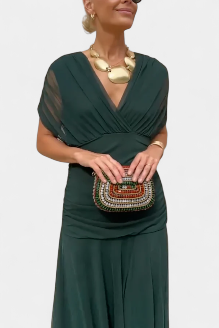 Marchmel | Robe longue froncée pour femme avec col en V élégante fluide