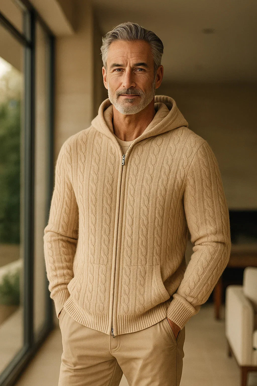 Géorgio Sweat à Capuche Tricoté Beige