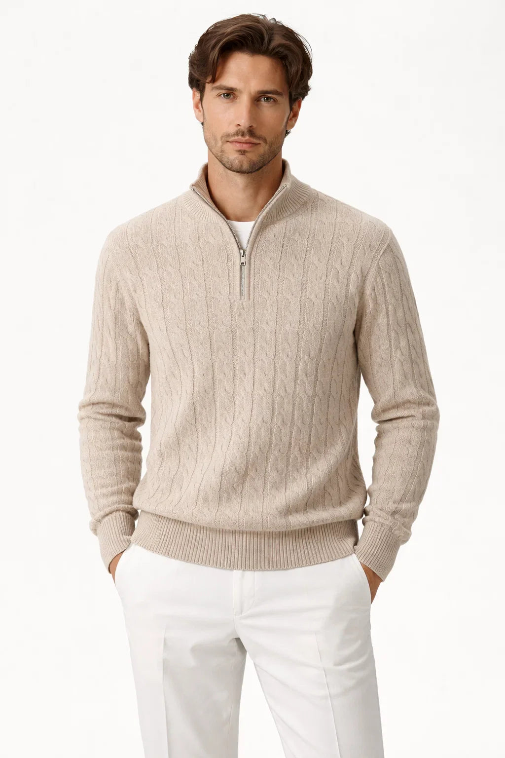 Lerano Cachemire Tricot Demi-Zip Beige